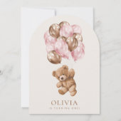 テディベア、ピンクバルーン、第1誕生日 招待状 (裏面)