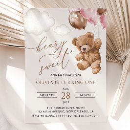 テディベア、ピンクバルーン、第1誕生日 招待状