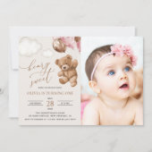 テディベア、ピンクバルーン、第1誕生日 招待状 (正面)