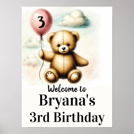 テディベア ピンクバルーン 1歳 誕生日 サイン (正面)