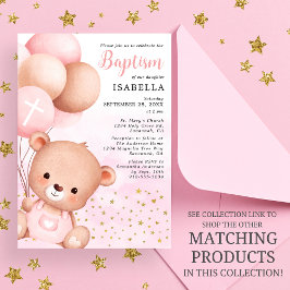 テディベア ピンク風船 金色の星 洗礼 招待状