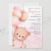 テディベア ピンク風船 金色の星 洗礼 招待状 (正面)