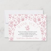 テディベア ピンク トワル ベビーシャワー 感謝カード