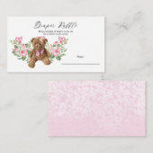 テディベア ピンク フラワー ベイビーシャワー おむつラッフル イベント エンクロージャーカード (正面/裏面)