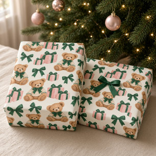 テディベア ピンク プレゼント グリーン ボウ クリスマス ラッピングペーパー