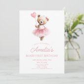 テディベア ピンク ベアリー ファースト 1歳 誕生日パーティー 招待状 (スタンド正面)