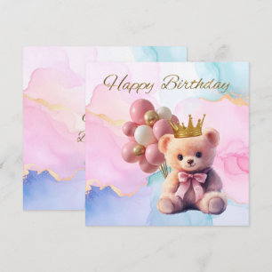 テディベア ピンク リボン ゴールド クラウン お誕生日おめでとう