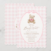 テディベア ピンク 格子 ガール ベビーシャワー 招待状 (正面/裏面)