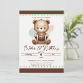 テディベア フットボール 水彩画 1歳 誕生日パーティー 招待状 (スタンド正面)