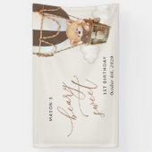 テディベア、ブラウンバルーン、最初の誕生日へようこそ 横断幕 (縦)