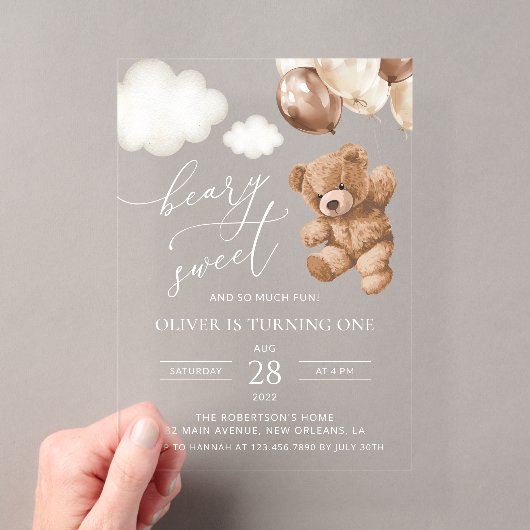 テディベア、ブラウンバルーン、1歳の誕生日 アクリル招待状 (インサイチュ (ポータブル))