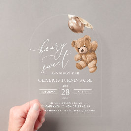 テディベア、ブラウンバルーン、1歳の誕生日 アクリル招待状