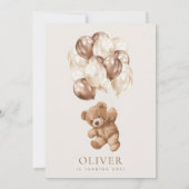 テディベア、ブラウン風船、ファーストバースデー 招待状 (裏面)