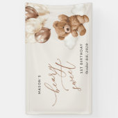 テディベア、ブラウン風船、最初の誕生日へようこそ 横断幕 (縦)