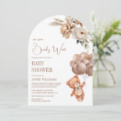 テディベア ブラウン 風船 花のアーチ ベビーシャワー 招待状 (スタンド正面)