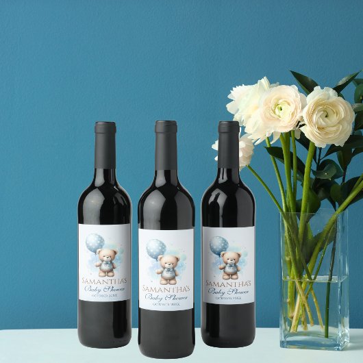 テディベア&ブルーバルーン男の赤ちゃんシャワーパステル ワインラベル