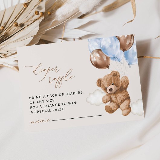 テディベア、ブルーバルーン、おむつラッフル エンクロージャーカード