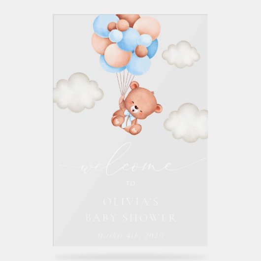 テディベア、ブルーバルーン、ベビーシャワーへようこそ アクリルサイン (正面)