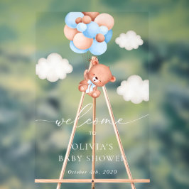 テディベア、ブルーバルーン、ベビーシャワーへようこそ アクリルサイン