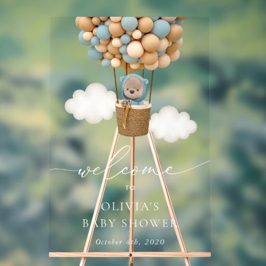 テディベア、ブルーバルーン、ベビーシャワーへようこそ アクリルサイン (ニュートラル)