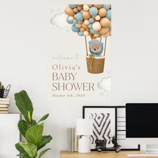 テディベア、ブルーバルーン、ベビーシャワーへようこそ ポスター (ホームオフィス)