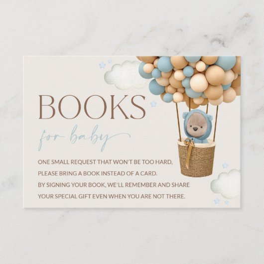 テディベア、ブルーバルーン、ベビー用の本 エンクロージャーカード (正面)