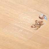 テディベア、ブルーバルーン、第1誕生日 アクリル招待状 (レイダウン)