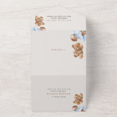 テディベア、ブルーバルーン、第1誕生日 オールインワン招待状 (外側)