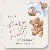 テディベア、ブルーバルーン、第1誕生日 コースター (正面)