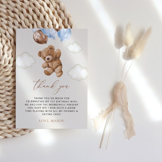 テディベア、ブルーバルーン、第1誕生日 サンキューカード