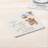 テディベア、ブルーバルーン、第1誕生日 スクエアペーパーコースター (アングル)