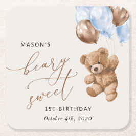 テディベア、ブルーバルーン、第1誕生日 スクエアペーパーコースター