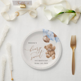 テディベア、ブルーバルーン、第1誕生日 ペーパープレート