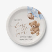 テディベア、ブルーバルーン、第1誕生日 ペーパープレート (正面)