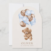 テディベア、ブルーバルーン、第1誕生日 招待状 (裏面)