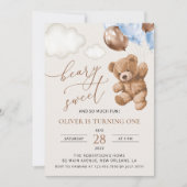 テディベア、ブルーバルーン、第1誕生日 招待状 (正面)