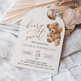 テディベア、ブルーバルーン、第1誕生日 招待状