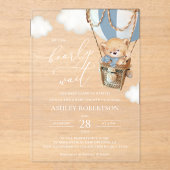 テディベア、ブルーホットエアバルーン、ベビーシャワー アクリル招待状 (正面)