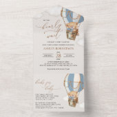 テディベア、ブルーホットエアバルーン、ベビーシャワー オールインワン招待状 (内側)