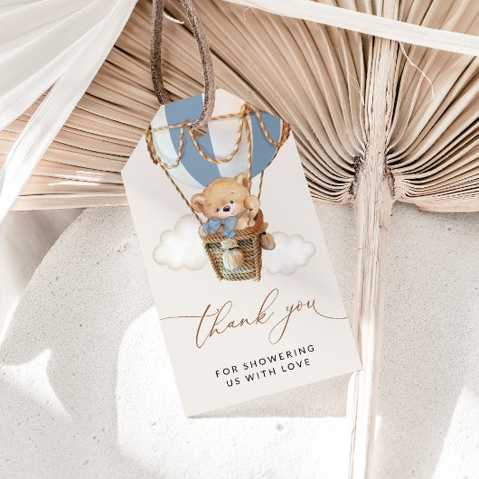 テディベア、ブルーホットエアバルーン、ベビーシャワー ギフトタグ