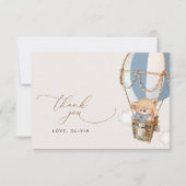 テディベア、ブルーホットエアバルーン、ベビーシャワー サンキューカード (正面)
