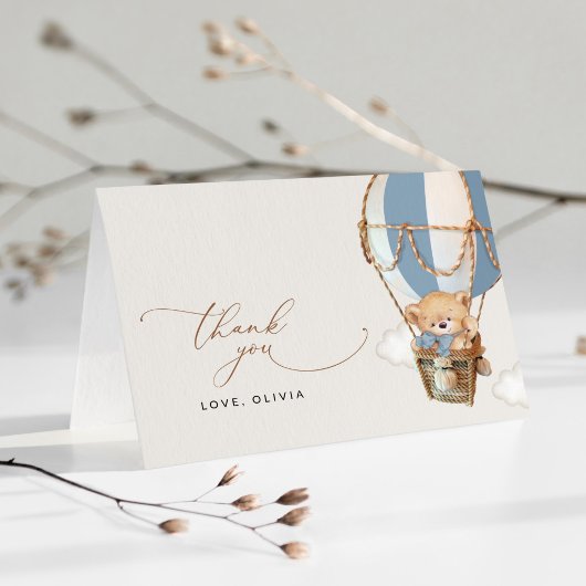 テディベア、ブルーホットエアバルーン、ベビーシャワー サンキューカード