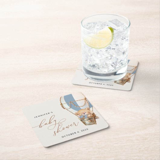 テディベア、ブルーホットエアバルーン、ベビーシャワー スクエアペーパーコースター (インサイチュ)