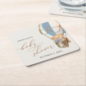 テディベア、ブルーホットエアバルーン、ベビーシャワー スクエアペーパーコースター (アングル)