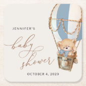テディベア、ブルーホットエアバルーン、ベビーシャワー スクエアペーパーコースター (正面)