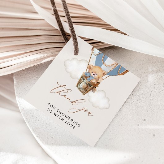 テディベア、ブルーホットエアバルーン、ベビーシャワー フェイバータグ