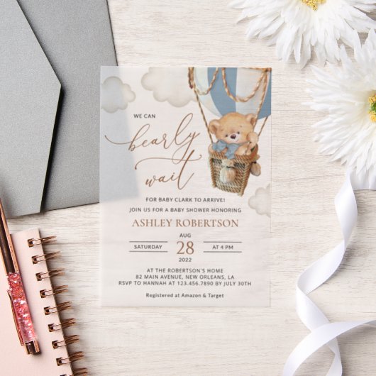 テディベア、ブルーホットエアバルーン、ベビーシャワー ベラム紙招待状 (ウェディング)