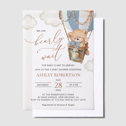 テディベア、ブルーホットエアバルーン、ベビーシャワー ベラム紙招待状 (オフセット)