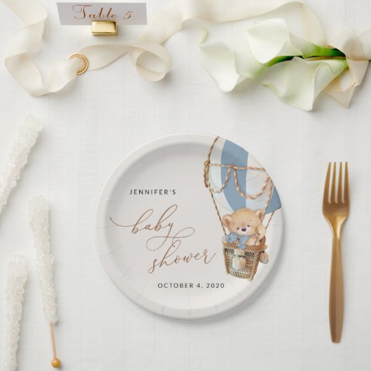 テディベア、ブルーホットエアバルーン、ベビーシャワー ペーパープレート (ウェディング)