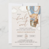 テディベア、ブルーホットエアバルーン、ベビーシャワー 招待状 (正面)